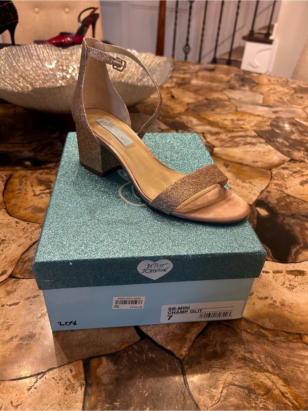 Betsy Johnson Champagne Glitter Block Heel Sandal with Ankle Strap